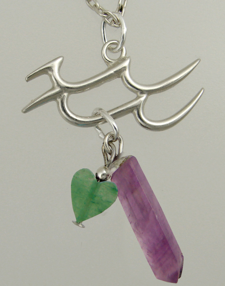 Sterling Silver Aquarius Pendant Necklace With an Amethyst Crystal And Green Heart